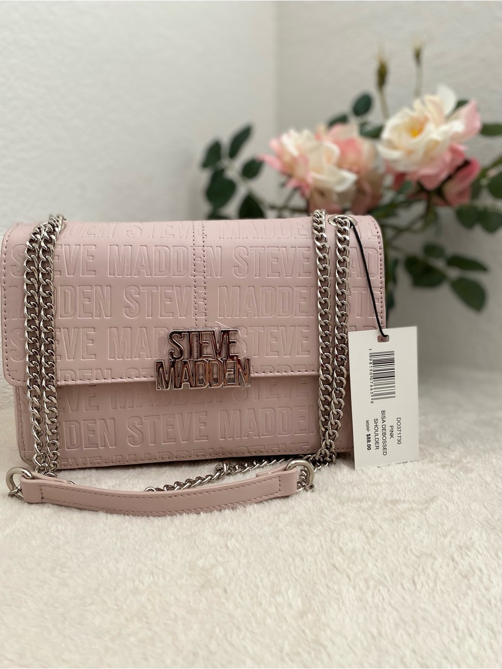 Steve Madden Pale Pink Embossed Logo Chain Crossbody